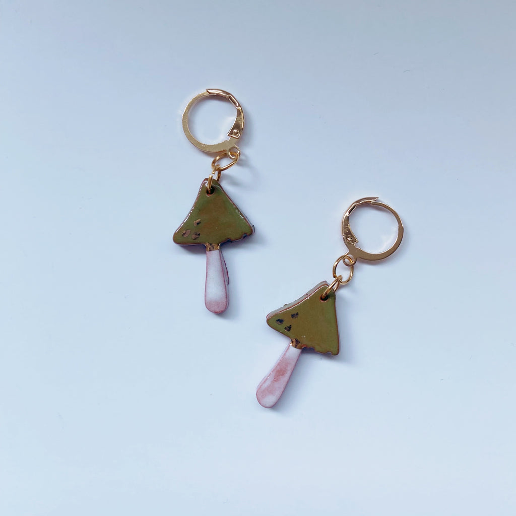 green and white ceramic mushroom earrings