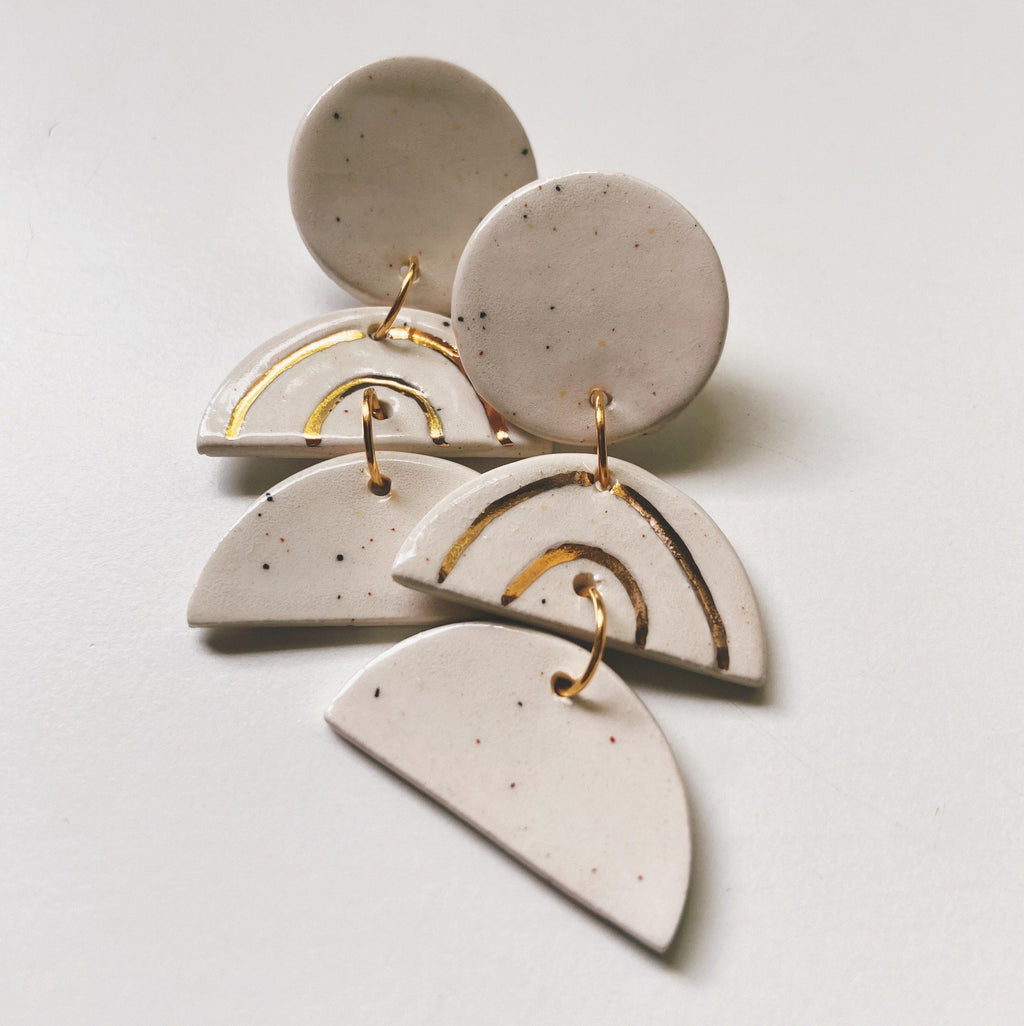 speckled rainbow layered half moon ceramic earrings