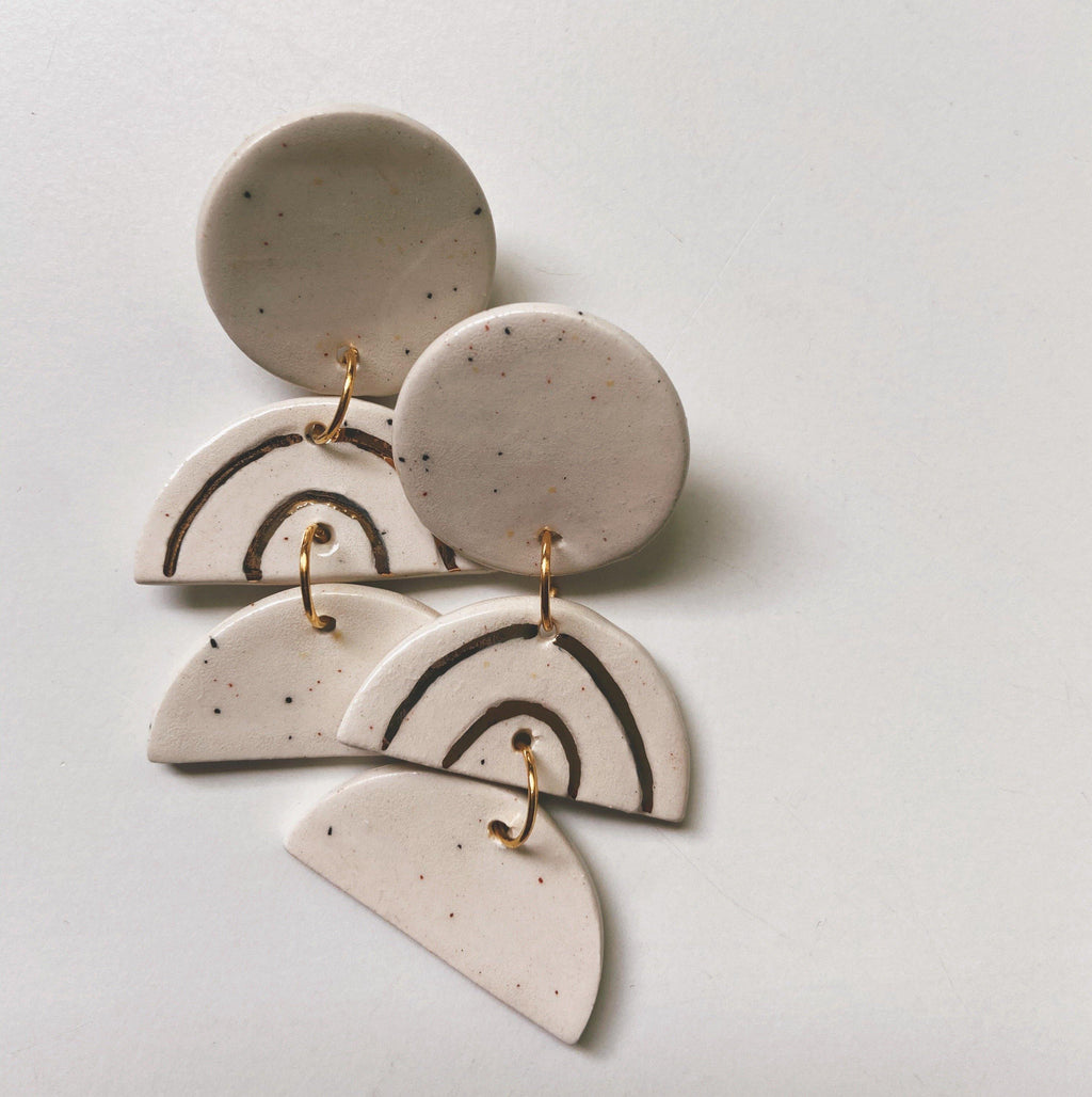 speckled rainbow layered half moon ceramic earrings