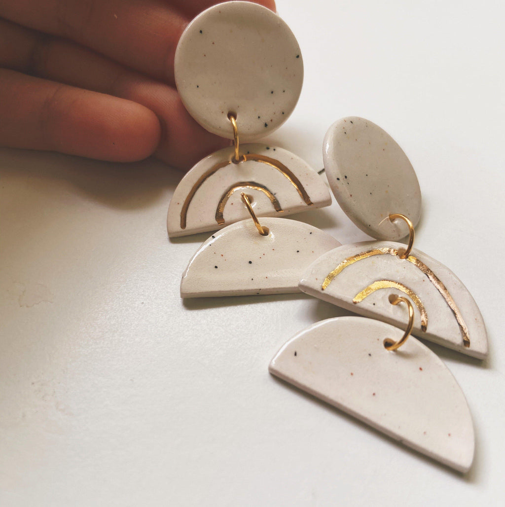 speckled rainbow layered half moon ceramic earrings