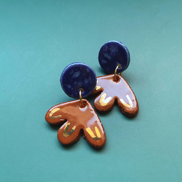 small terra cotta and blue ceramic earrings