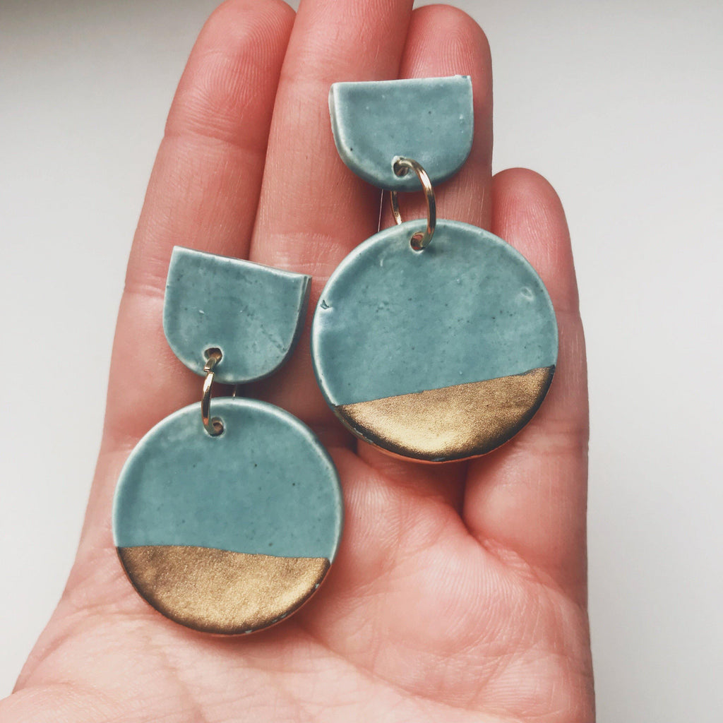 Matte Blue and Gold Circle Drop Earrings - gloriafaye