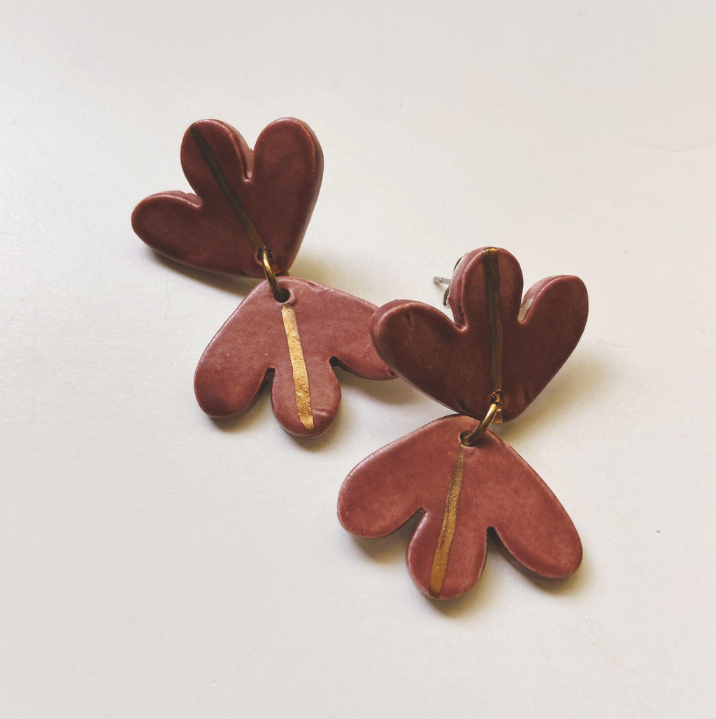 mauve and gold abstract ceramic earrings