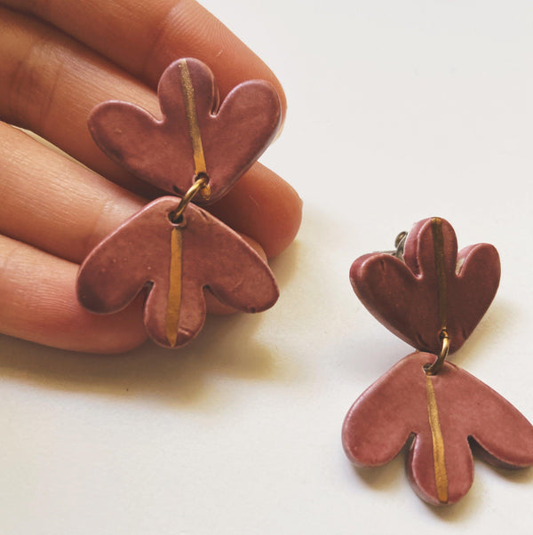mauve and gold abstract ceramic earrings