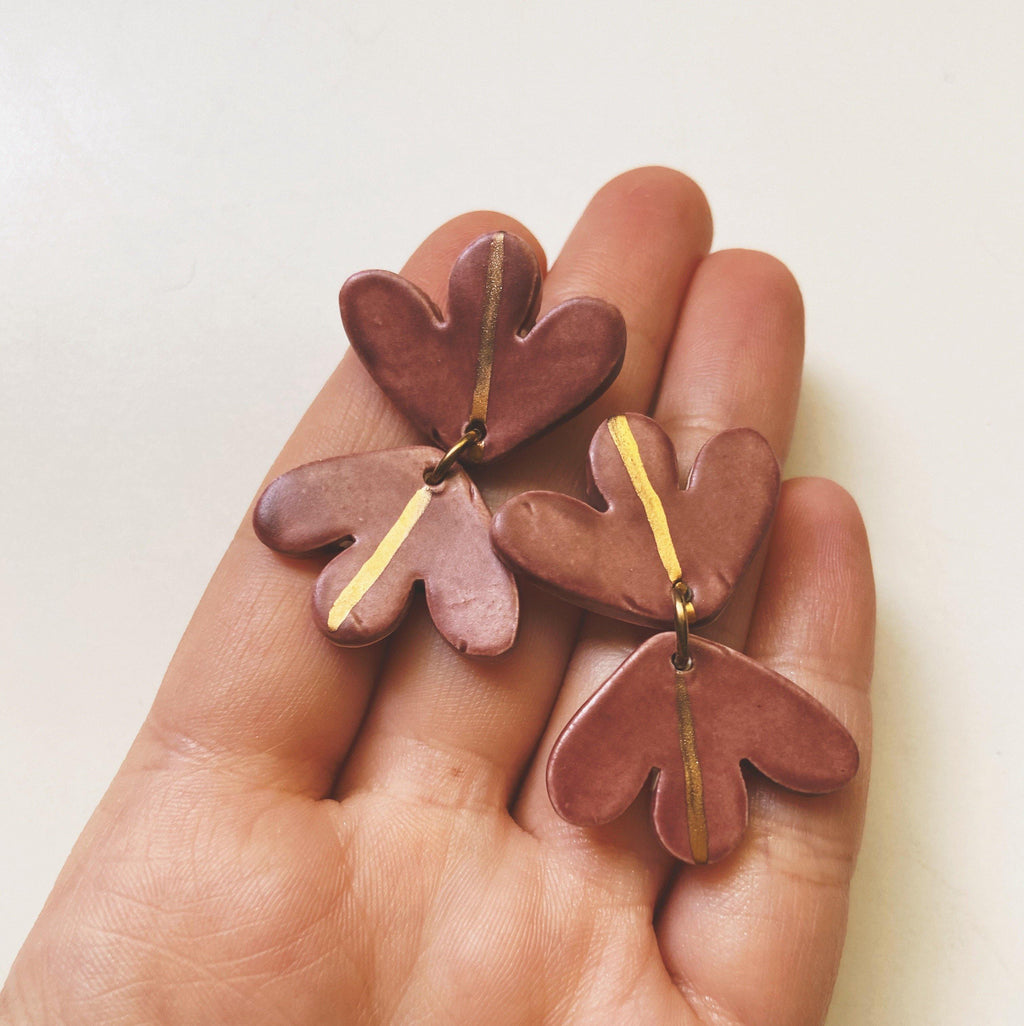 mauve and gold abstract ceramic earrings