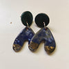 Blue crystals, teal and white gold on abstract arch earrings