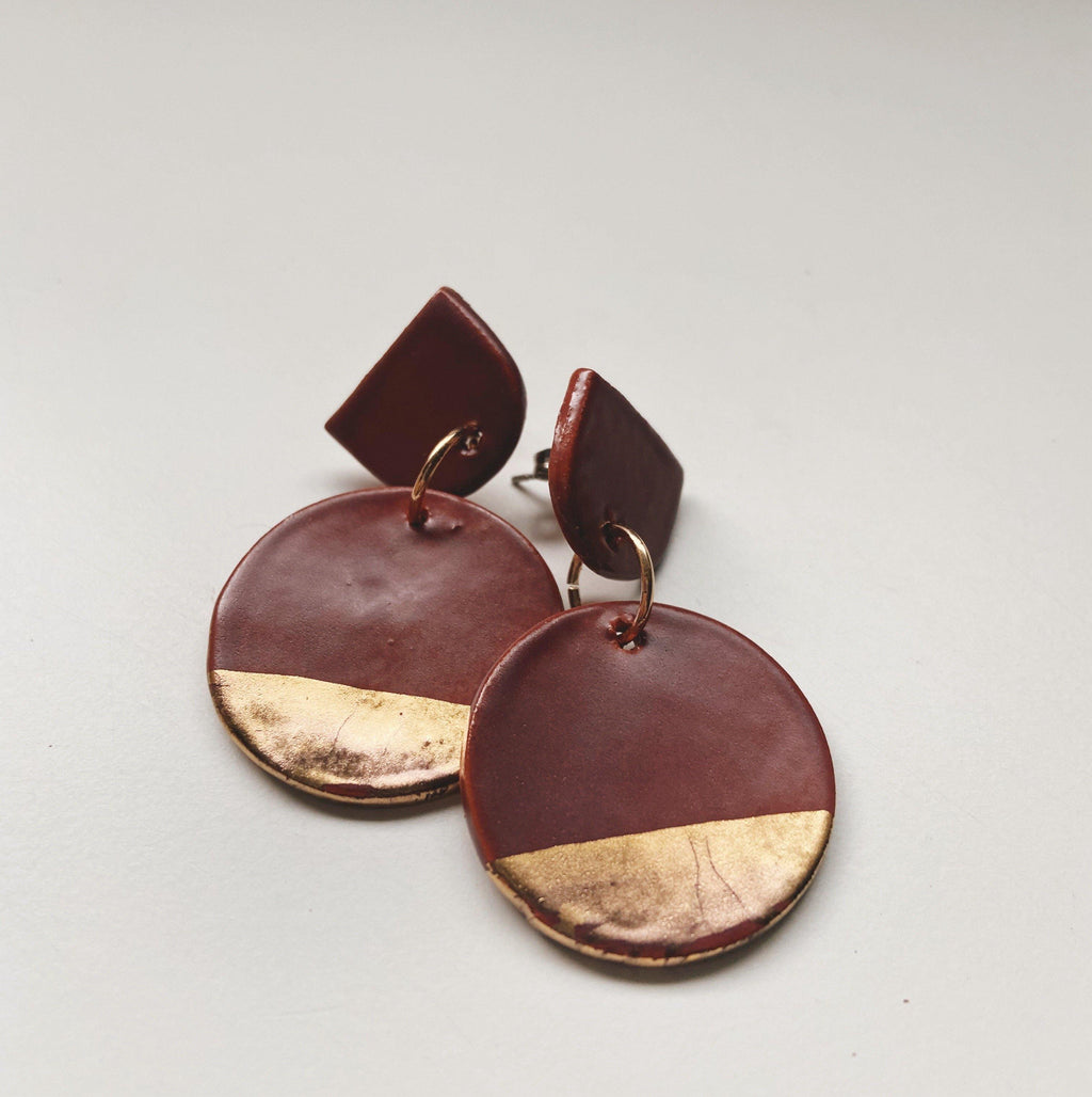 Matte Mauve and Gold Circle Drop Earrings - gloriafaye