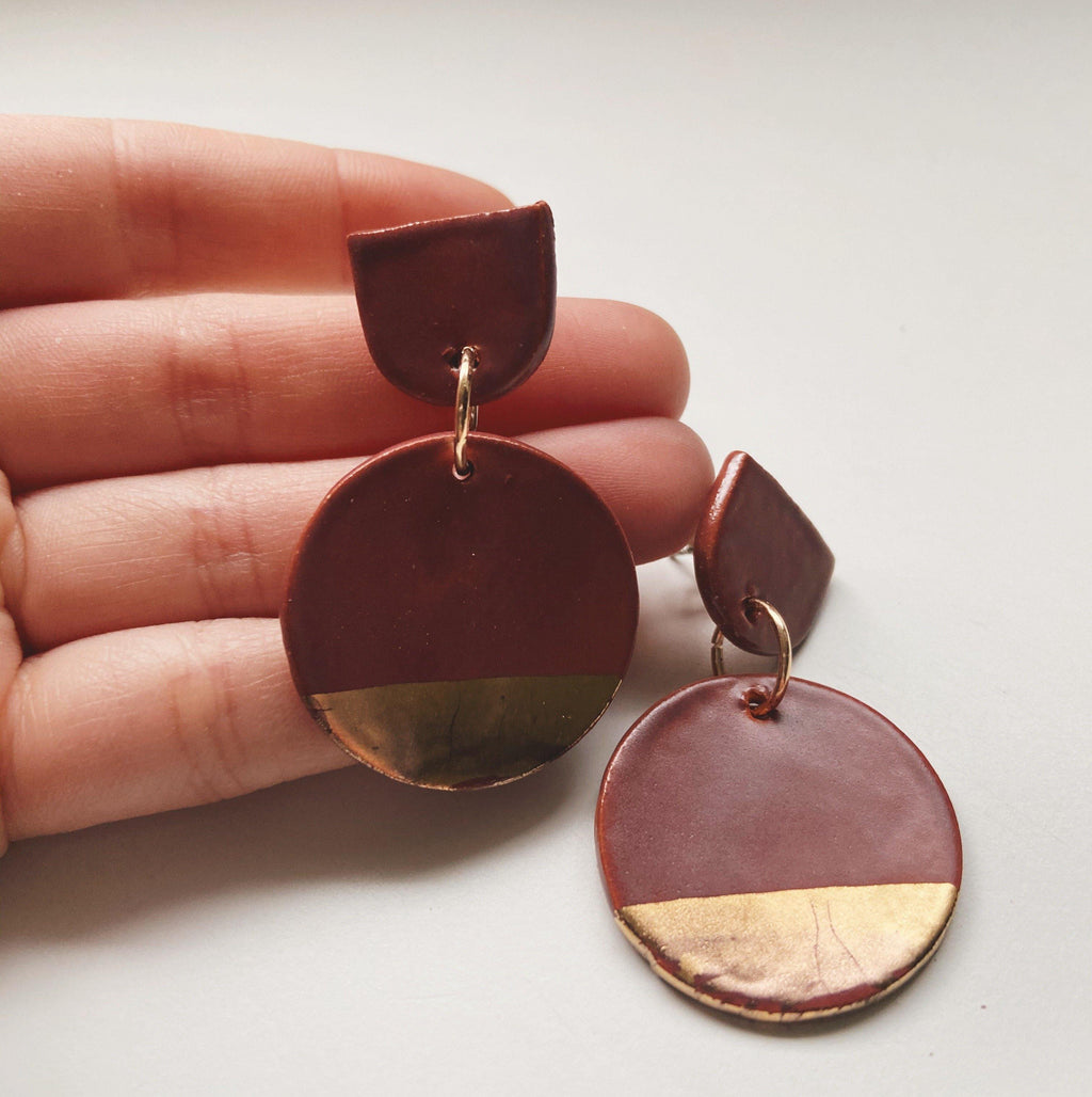 Matte Mauve and Gold Circle Drop Earrings - gloriafaye