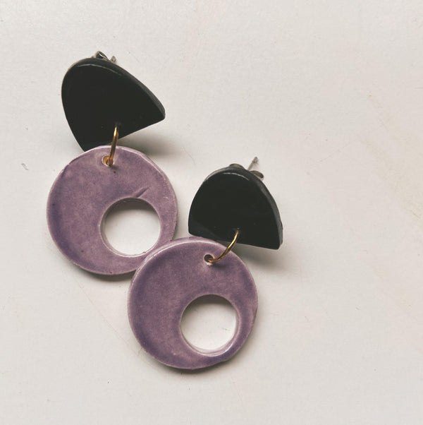 black and purple ceramic circle earrings