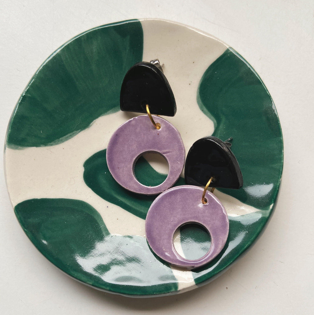 black and purple ceramic circle earrings