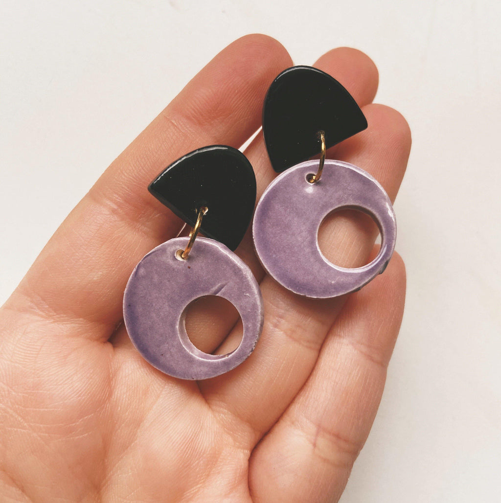 black and purple ceramic circle earrings