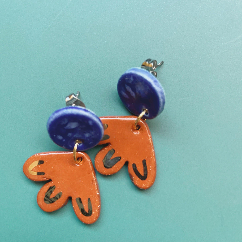 small terra cotta and blue ceramic earrings