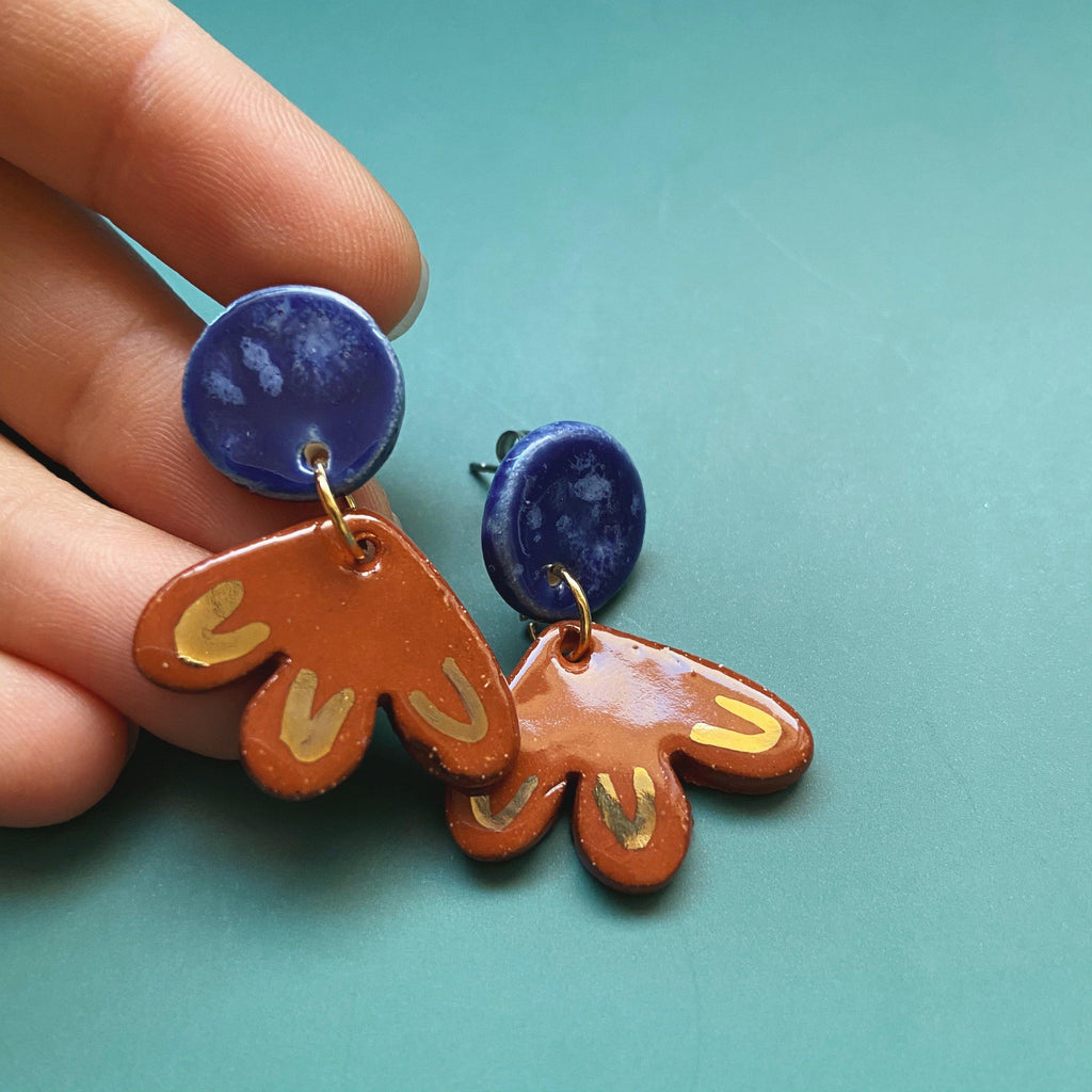 small terra cotta and blue ceramic earrings